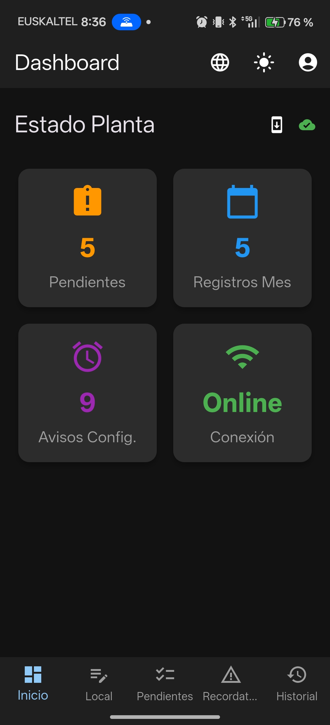 Dashboard de la app móvil de MantPro