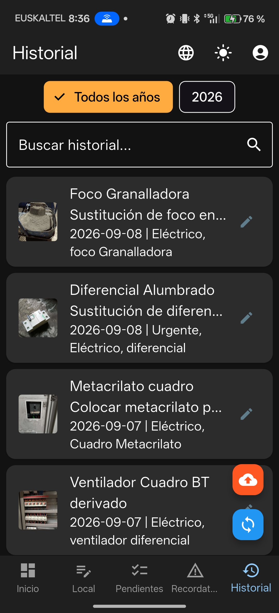 Historial de intervenciones en la app móvil de MantPro